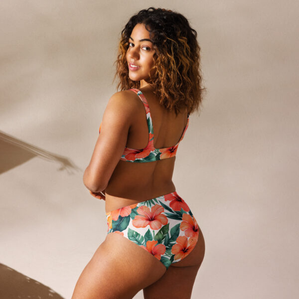Bright coral hibiscus floral watercolor Recycled high-waisted bikini - Image 2