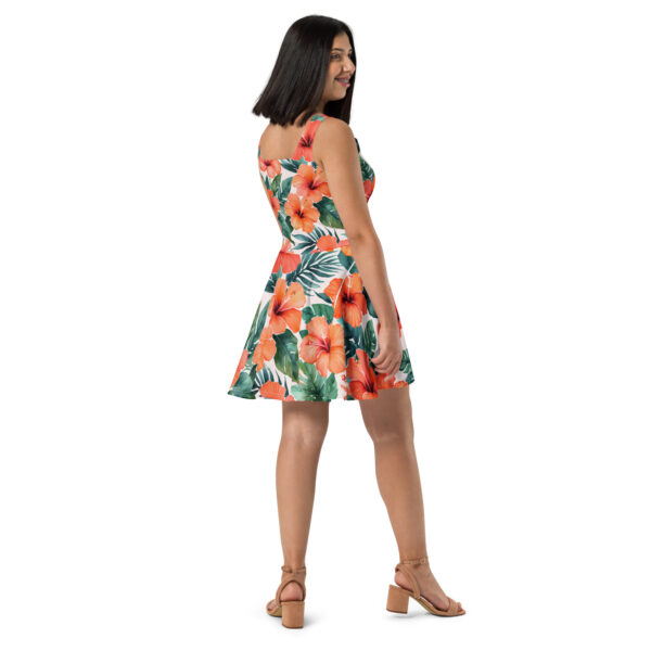 Bright coral hibiscus floral watercolor Skater Dress - Image 3