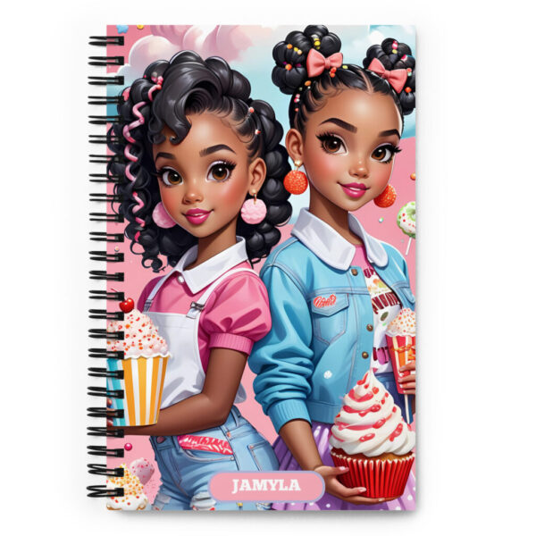 SWhimsical Cute African American Girls Notebook – Snack-Themed Cartoon Journal for Kids – Personalized Frosting Name – Cupcake Popcorn Slushy Aesthetic – Pastel Child’s Notebookpiral notebook