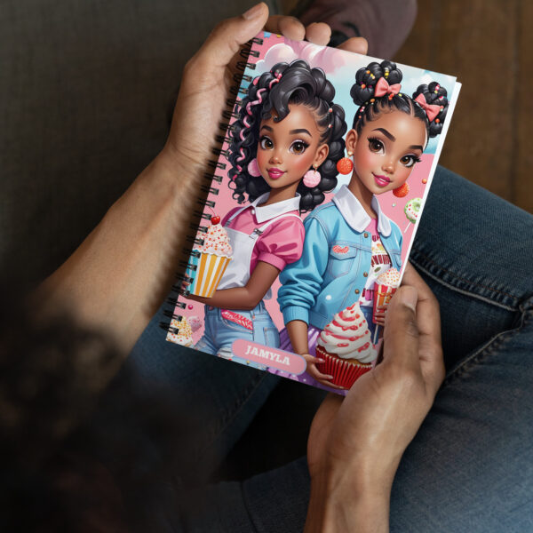 SWhimsical Cute African American Girls Notebook – Snack-Themed Cartoon Journal for Kids – Personalized Frosting Name – Cupcake Popcorn Slushy Aesthetic – Pastel Child’s Notebookpiral notebook - Image 2