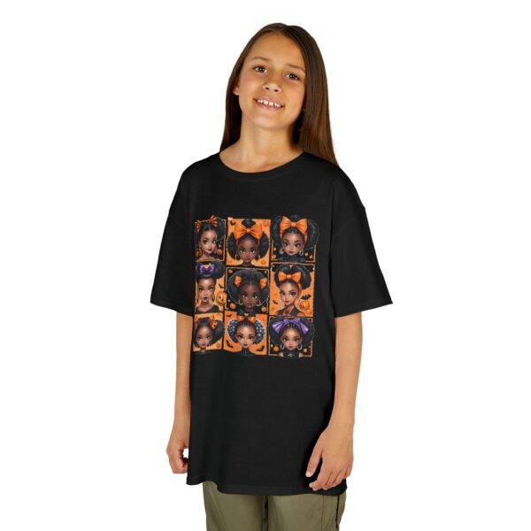 Halloween Girls T-Shirt – Spooky Cute Afro Puffs & Bows | Black Girl Magic Fall Tee | Kids Trick-or-Treat Shirt | Pumpkin Season Shirt - Image 3
