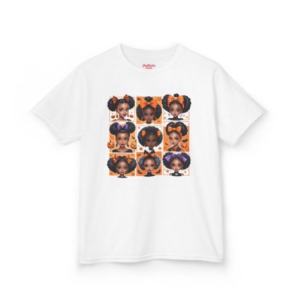 Halloween Girls T-Shirt – Spooky Cute Afro Puffs & Bows | Black Girl Magic Fall Tee | Kids Trick-or-Treat Shirt | Pumpkin Season Shirt - Image 2