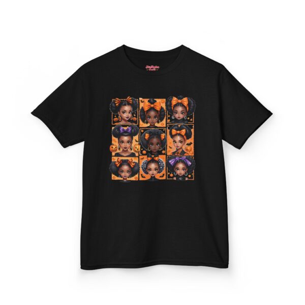Halloween Girls T-Shirt – Spooky Cute Afro Puffs & Bows | Black Girl Magic Fall Tee | Kids Trick-or-Treat Shirt | Pumpkin Season Shirt - Image 4